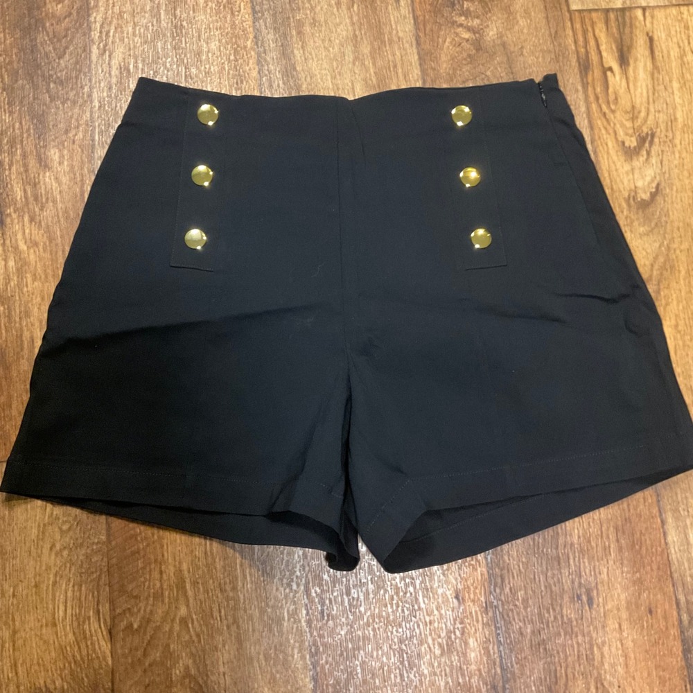 INC Shorts Size 12 Black with Flat Front Gold Button Detail Womens New With Tags